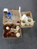 Two boxes of assorted glass ware, contemporary vases, dinner ware,