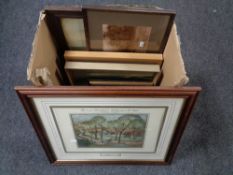 A box of assorted framed pictures and prints to include Edwardian oak framed print of a horse and