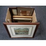 A box of assorted framed pictures and prints to include Edwardian oak framed print of a horse and