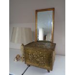 A brass embossed coal box with liner together with a gilt hall mirror and an onyx table lamp with