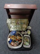 A tray of two display stands, miniature glass ornaments, pill boxes,