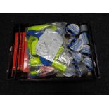 A crate of new Rhino gaffer tape, safety harness,