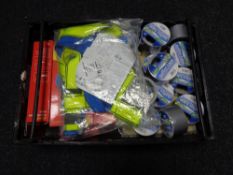 A crate of new Rhino gaffer tape, safety harness,