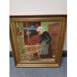 Continental school - oil on canvas depicting a lady cooking in a cottage