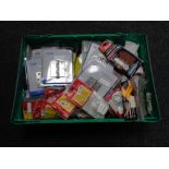 A crate of tools, sanding sheets, door hinges, LED inspection mirror,