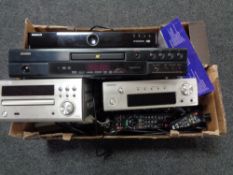A box of Dennon DVD player, two hifi separates,
