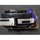 A box of Dennon DVD player, two hifi separates,