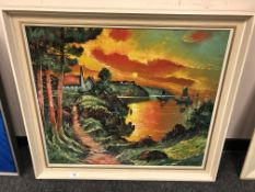 Continental school : oil on canvas depicting a sun set