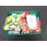 A crate of tools, safety harness, chisel set, cable clips, wire brush,