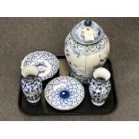 Five pieces of miscellaneous blue and white china : A pair of vases,
