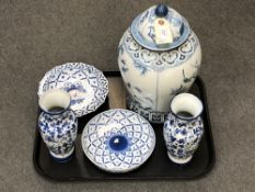 Five pieces of miscellaneous blue and white china : A pair of vases,