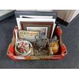 A box of framed pictures, brass footman, pewter teapot,