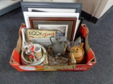 A box of framed pictures, brass footman, pewter teapot,