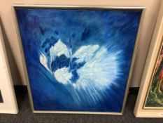 A contemporary oil on canvas depicting a blue and white flower