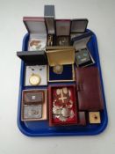 A tray of costume jewellery, Eden 17 jewel pocket watch,