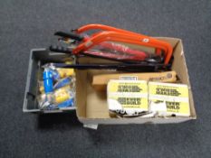 Two boxes of hand saws, pair of bolt cutters, crow bars,