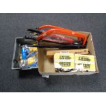 Two boxes of hand saws, pair of bolt cutters, crow bars,