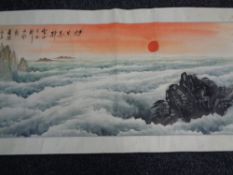 Two Japanese watercolour scrolls depicting sunset over mountains