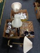 Four boxes of glass ware, vases, figural table lamp,