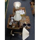 Four boxes of glass ware, vases, figural table lamp,