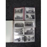 Two albums of black and white photographs and postcards relating to trams and buses
