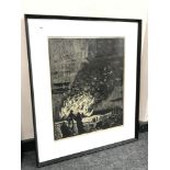 A monochrome print, figures by a fire.
