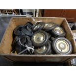 A wooden crate of sack barrow wheels and inner tubes (as found)