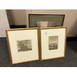 Two antique monochrome engravings and four further pictures