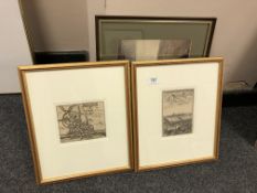 Two antique monochrome engravings and four further pictures