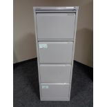 A four drawer Bisley metal filing cabinet with key