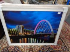 A contemporary framed print of a swing bridge