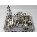 A collection of silver plated items including tray, sugar castor,