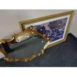 A gilt framed overmantel mirror and a gilt framed print