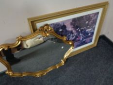 A gilt framed overmantel mirror and a gilt framed print