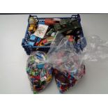 A box and crate of mixed Lego, die cast vehicles, Corgi, Matchbox,