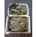 Two boxes of army webbing,