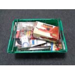 A crate of new and used tools, angle finders, mortice gauge,