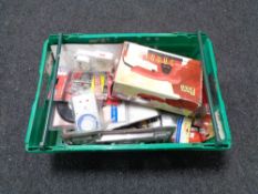 A crate of new and used tools, angle finders, mortice gauge,