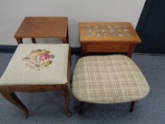 Two teak low tables and two footstools