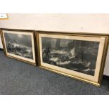 Two monochrome engravings depicting the departure and the return, framed.