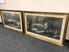 Two monochrome engravings depicting the departure and the return, framed.