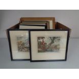 Two boxes of antiquarian hand coloured engravings,