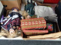 Two boxes of dolls, table linen,