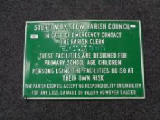 A tin Sturton & Stow Parish Council safety sign