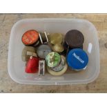 A box of a collection of sewing tape measures