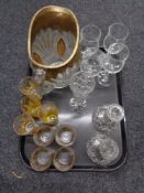 A tray of glass ware, pressed glass water jug, wine glasses,