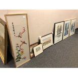 Seven pictures to include limited edition colour print, silk work depicting birds in flight,