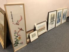 Seven pictures to include limited edition colour print, silk work depicting birds in flight,