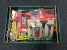 A crate of new tools, drill bits, precision screw drivers, staple gun,