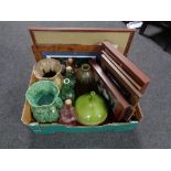 A box of pottery vases, glass bottles,